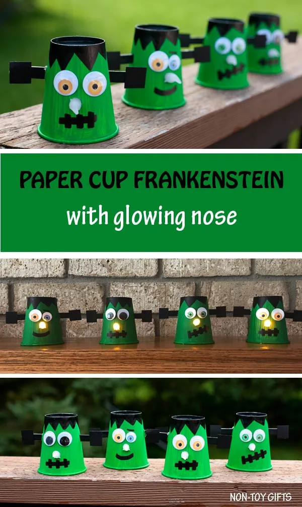 Paper cup Frankenstein craft for kids to make this Halloween. Fun DIY Halloween decoration. @Non-Toy Gifts #Halloween #Frankenstein