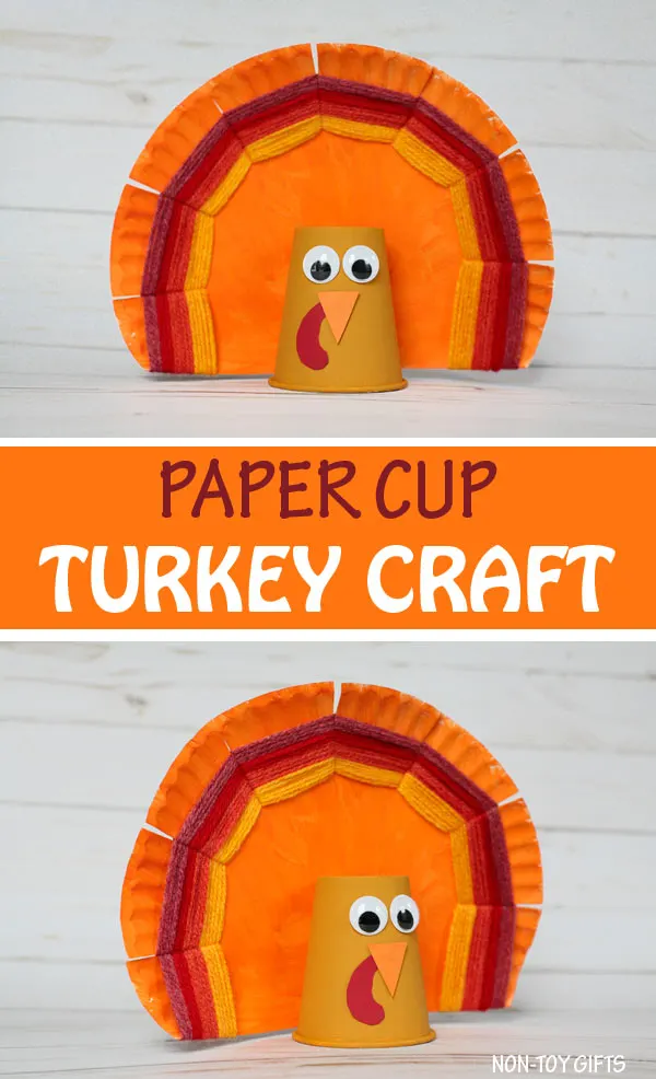 Paper cup turkey craft for kids to make this Thanksgiving. Use paper plate and yarn @Non-Toy Gifts #Thanksgiving #turkeycraft