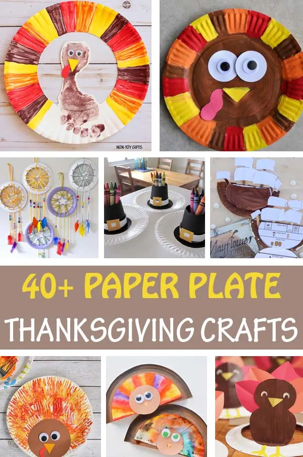 Paper plate Thanksgiving crafts for kids: turkey, Pilgrim, American Indian and Mayflower ship craft ideas. Make hats, handprint keepsakes, decorations and more #Thanksgiving #paperplate