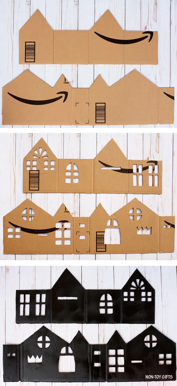 DIY cardboard haunted house luminaries process collage
