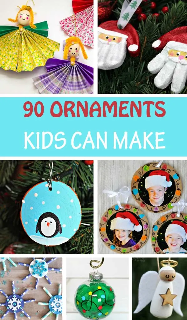 Christmas ornaments kids can make: snow globes, Christmas tree, snowman, reindeer, snowflake, pine cone ornaments, Grinch, wood slice ornaments, salt dough ornaments. Great for toddlers, preschoolers, kindergartners and older kids #Ornaments #Christmas