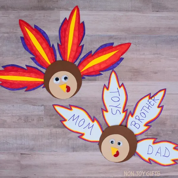 Feather turkey craft for Thanksgiving