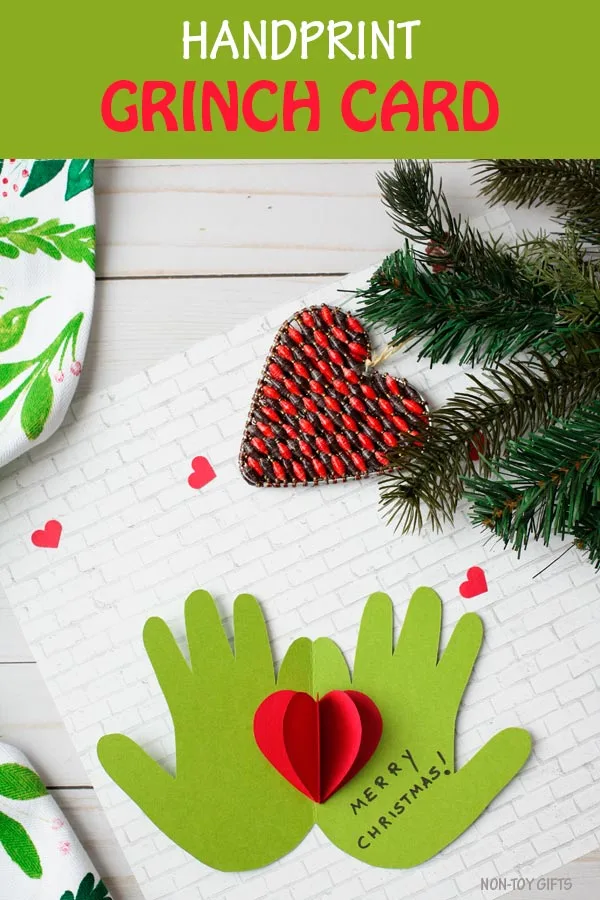 Handprint Grinch card. Easy Christmas craft for preschoolers, kindergartners and older kids. #Grinch #Christmas
