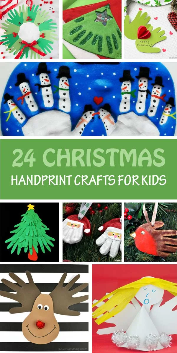 Christmas handprint crafts for kids: cards, ornaments, keepsake, wreath and more. Make Santa, reindeer, Christmas tree, elves, Grinch, snowmen and robins. Great Christmas crafts for toddlers, preschoolers and older kids #handprint #Christmas