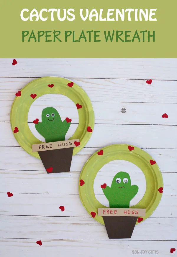 Cactus Valentine wreath - paper plate Valentine's Day craft for kids. #nontoygifts #valentine #valentinewreath #cactus