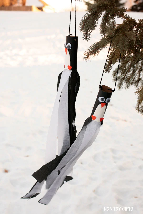 Easy paper roll winter windsocks for kids