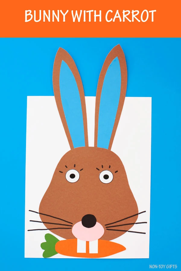 Bunny carrot craft for kids to make this spring or for Easter. Easy paper bunny craft with template. #nontoygifts #bunnycraft #springcraft