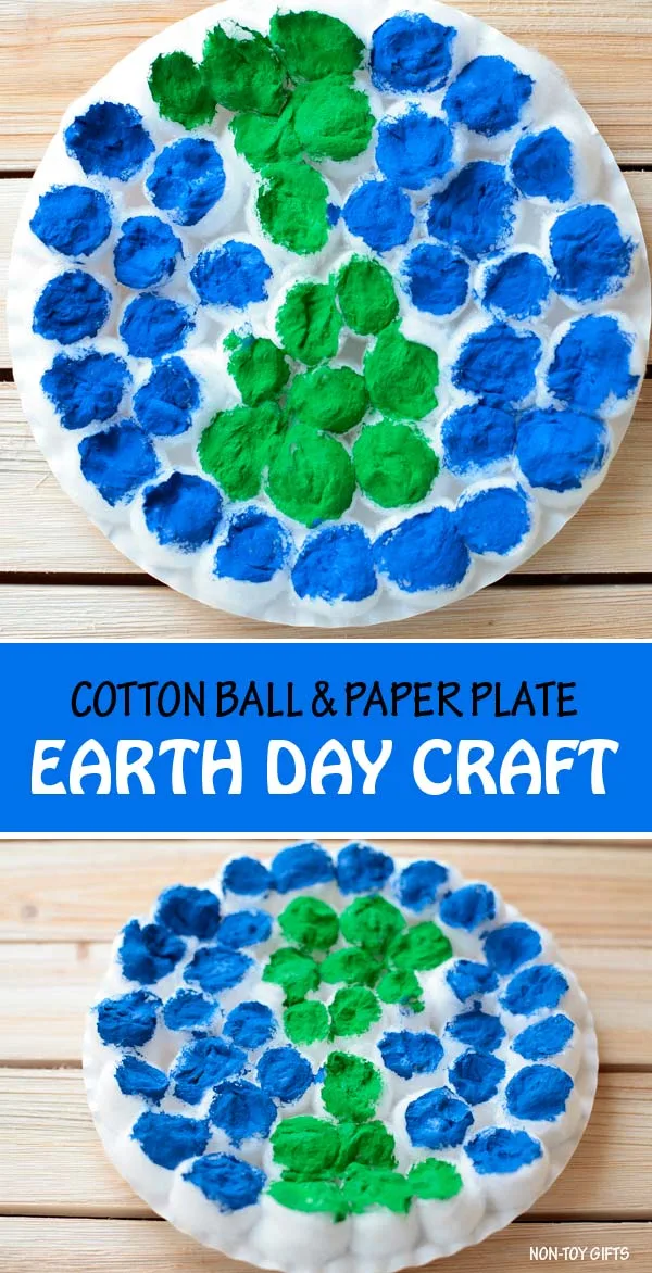 Paper plate and cotton ball Earth Day craft for kids. Great Earth craft for preschoolers and older kids. #earthday #erthdaycraft #nontoygifts #paperplate #cottonballs