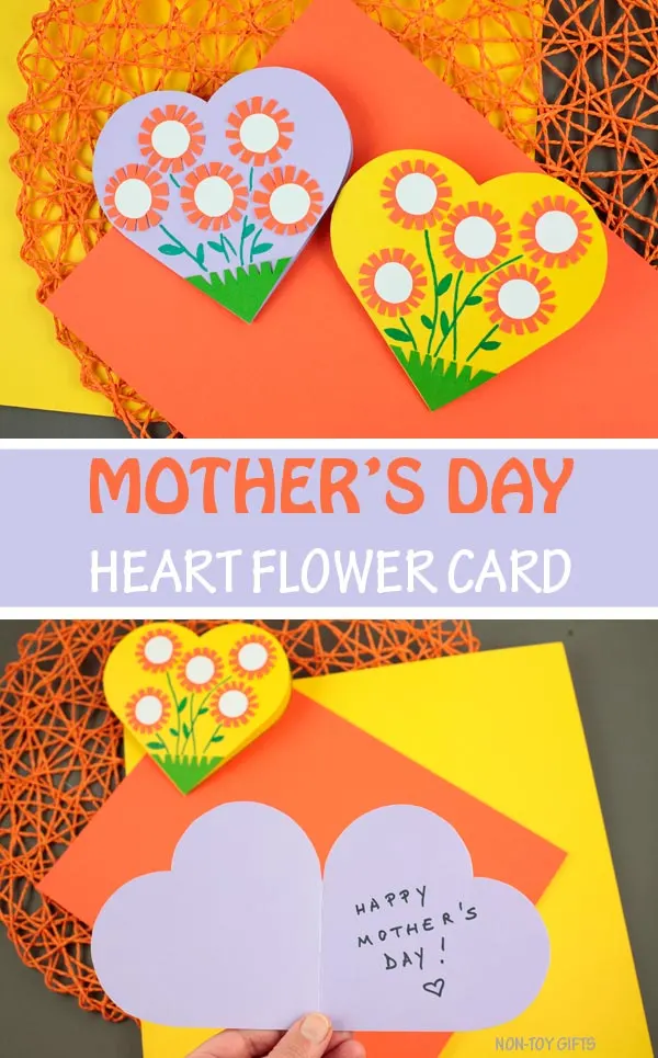 Mother's Day heart flower card for kids to make for mom, mum and grandma. Easy paper Mother's Day craft for preschoolers and older kids. #mothersdaycard #flowercard #Mothersdayflowercard #nontoygifts