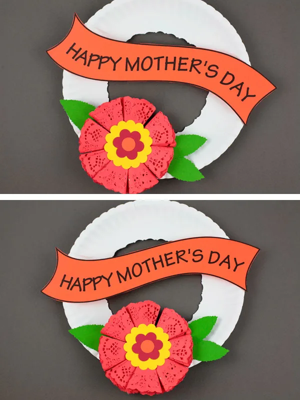 Mother's Day paper plate wreath craft for kids. Doily flower decor