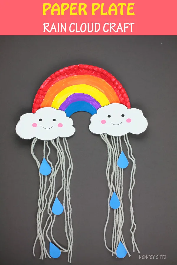Paper plate rain cloud craft for kids. Weather craft, April showers craft, rainbow craft, raindrop craft #paperplatecraft #raincraft #nontoygifts