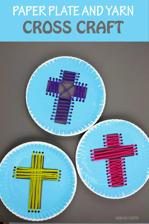 Paper plate yarn cross craft for kids to make for Easter. Great Sunday School Easter project #crosscraft #religiousEaster #nontoygifts