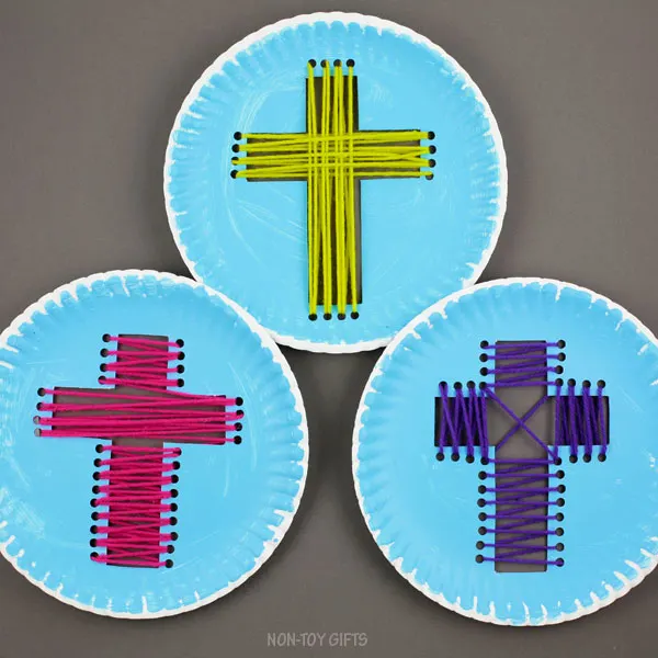 Paper plate yarn cross craft for kids