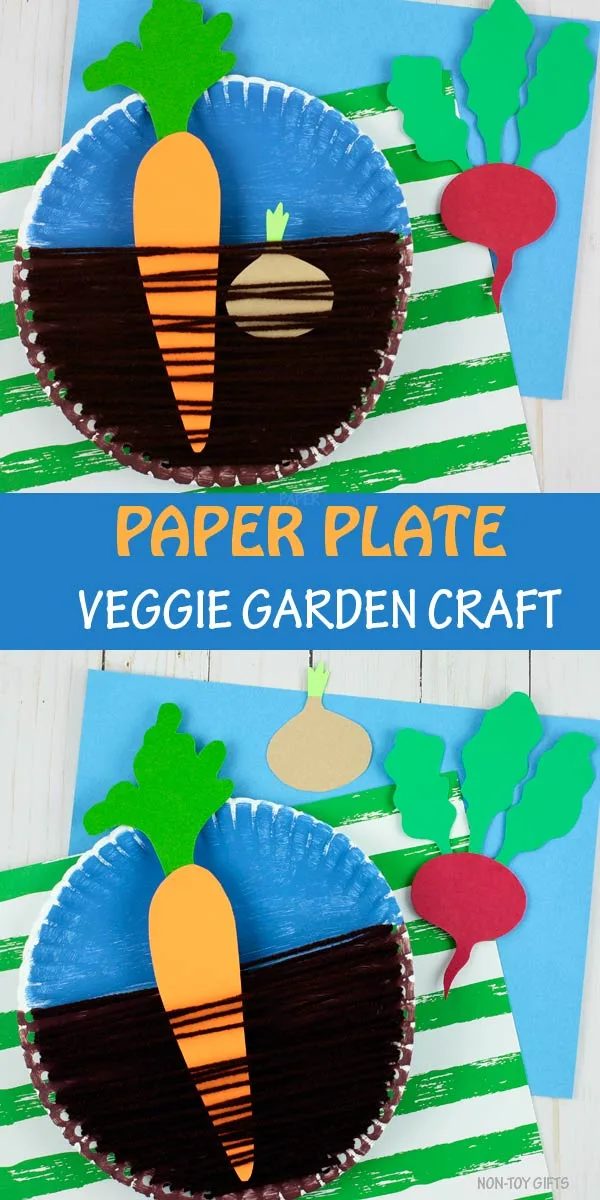Paper plate veggie garden craft with carrot, beet and onion