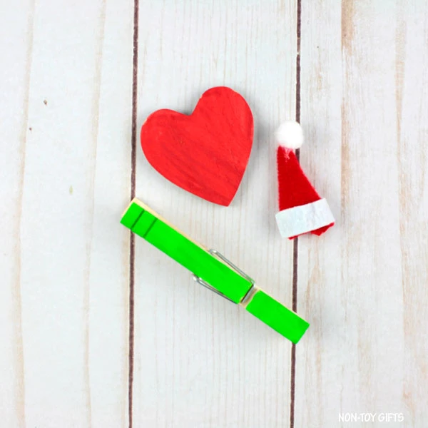 mini wooden heart, Santa hat and clothespin