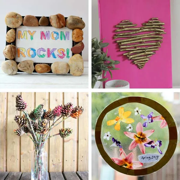 my mom rocks, twig heart, pine cone flowers