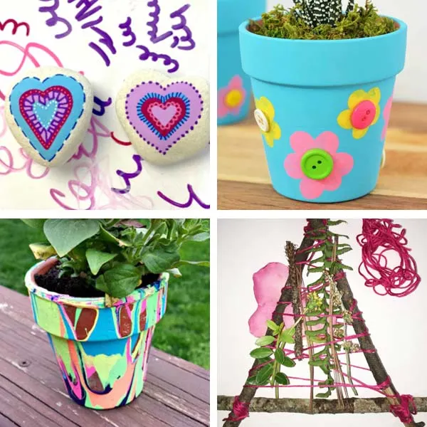 heart rocks, potted flowers, nature weaving