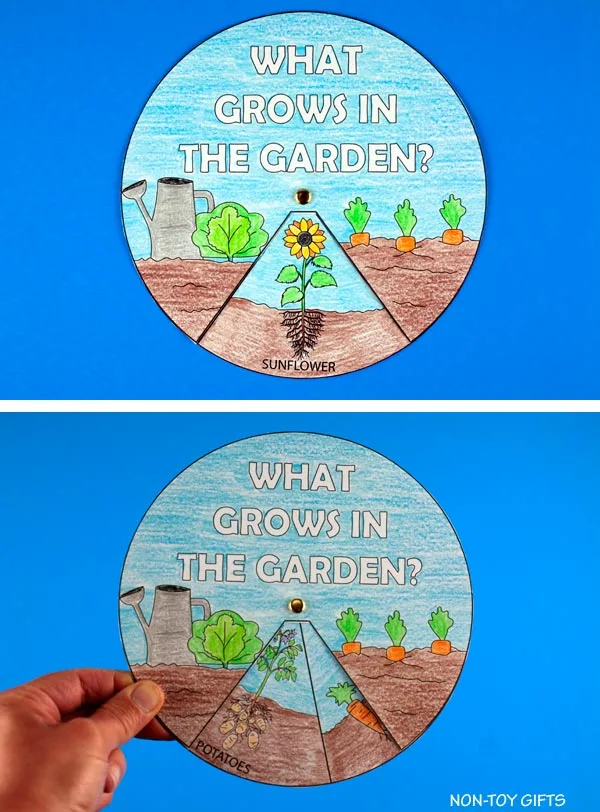 garden spinner craft for kids to learn about veggies and fruits