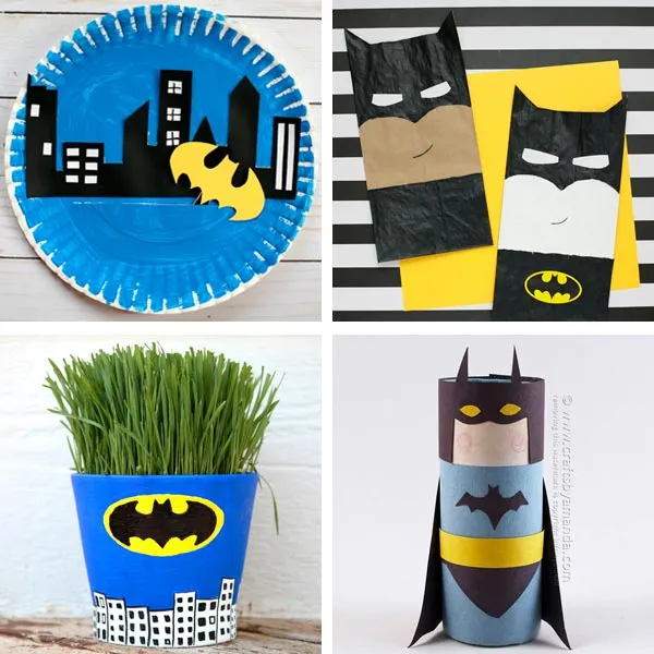 Batman crafts: interactive paper plate craft, paper bag Batman, Batman grass head and paper roll Batman