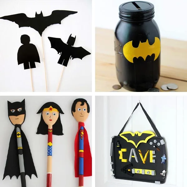 Batman crafts: shadow puppets, mason jar banks, wooden spoon superhero and Batcave sign