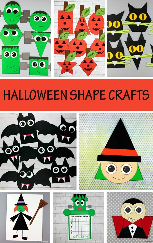 Halloween shape crafts for kids: witch, Frankenstein, black cat, pumpkin, Jack-O-Lantern, bat and vampire
