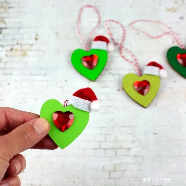 Wooden heart Grinch ornaments for kids