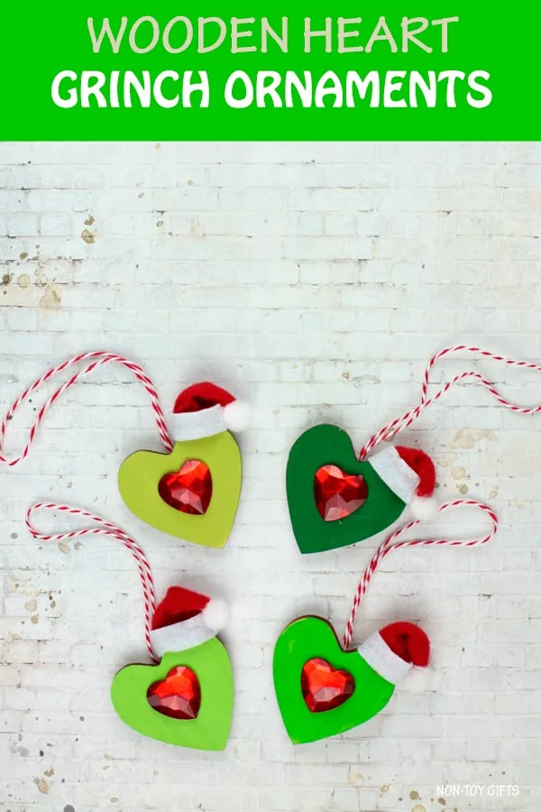Wooden heart Grinch ornament for kids to make