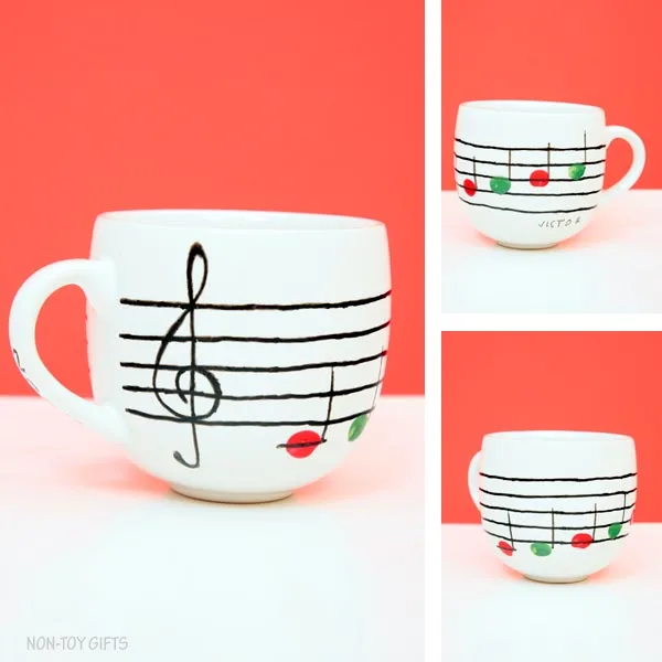 Handmade gift for music teachers: fingerprint Christmas mug