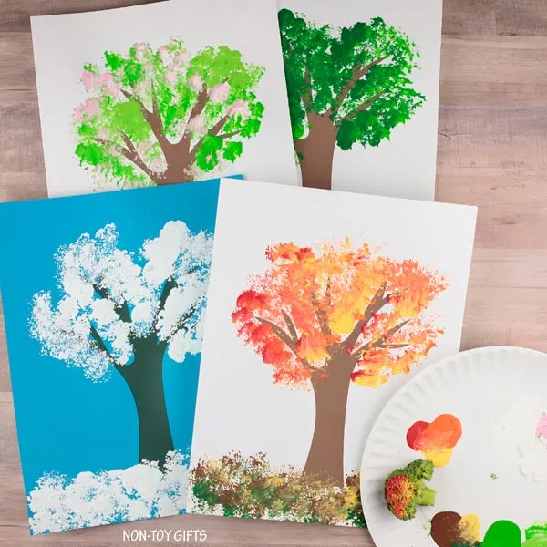 Broccoli painted four season tree for kids to make for spring, summer, fall or winter