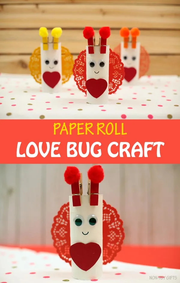 Paper roll love bug craft for kids to make for Valentine's Day
