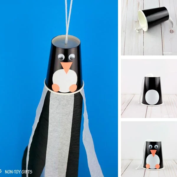 Paper cup penguin windsocks craft collage