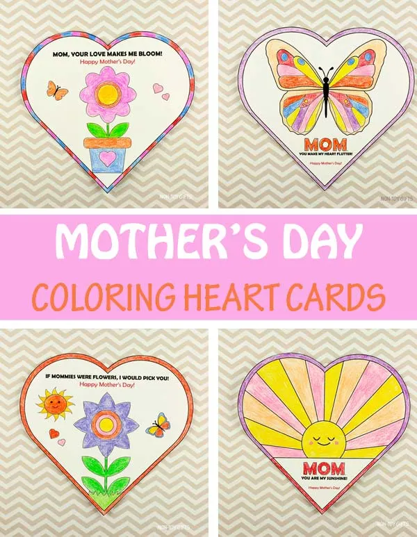 Four Mother's Day coloring heart cards for kids to make for mom or grandma
