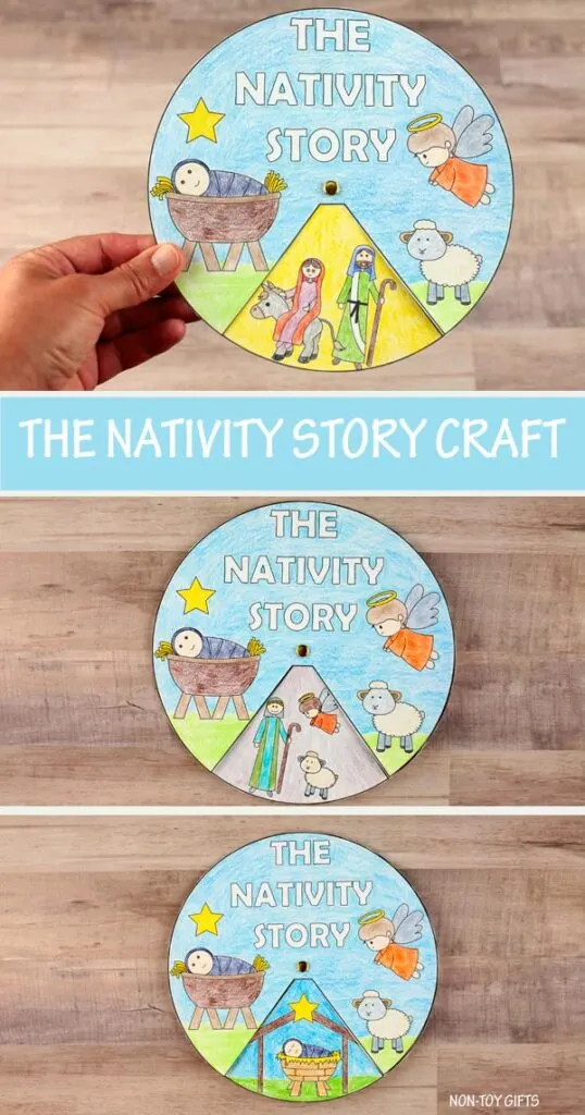 the Nativity story spinner craft for kids to color and tell the story of Jesus's birth