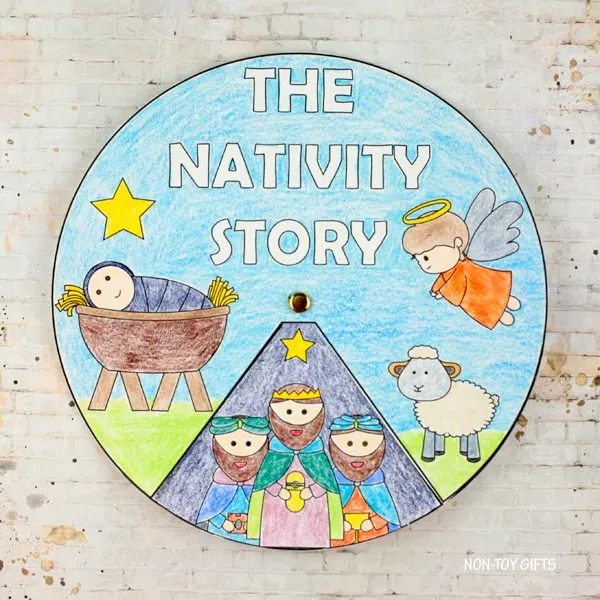 the Nativity story spinner craft for kids to color and use for Christmas Sunday School