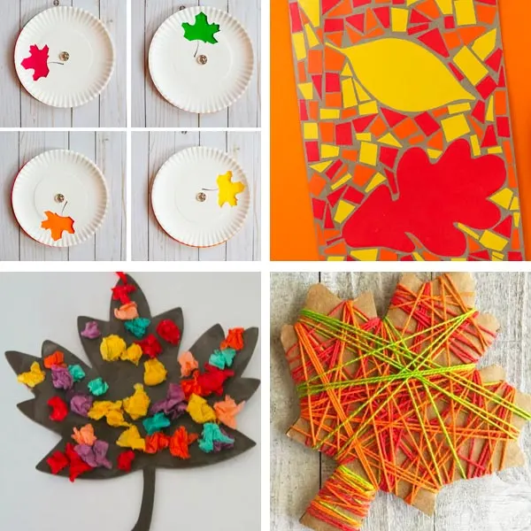 leaf crafts with paper plate, yarn and mosaic