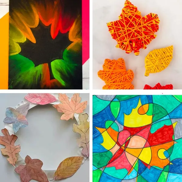 leaf crafts made with chalk, yarn and watercolor
