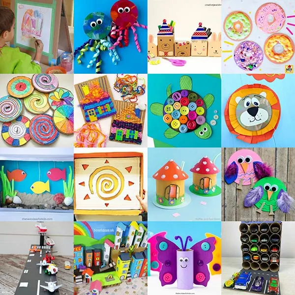 easy diy upcycling projects for kids: crafts with CDs, paper rolls and cardboard boxes