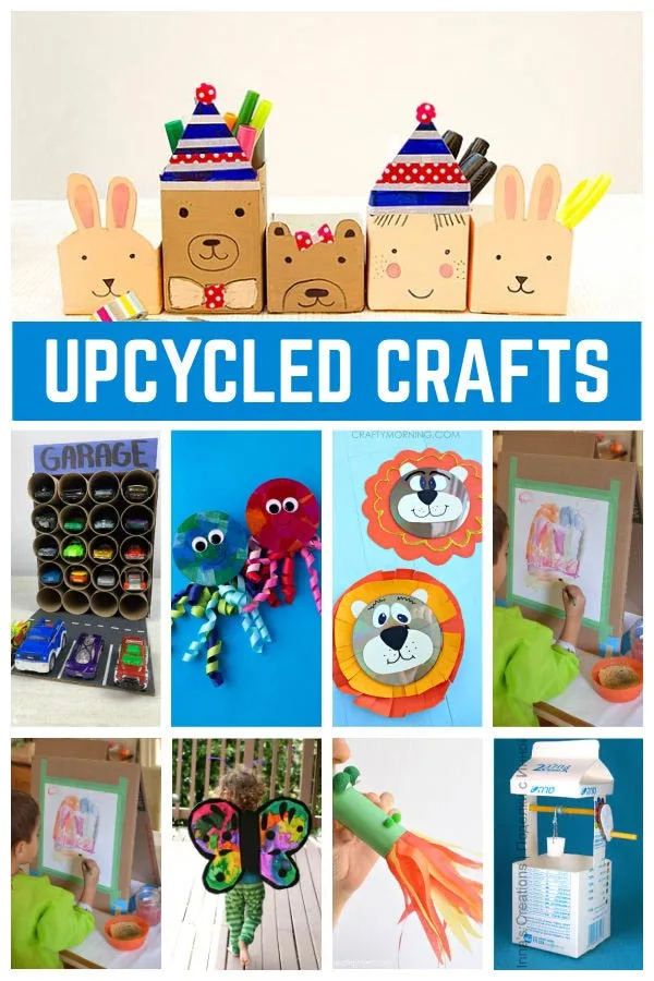 65 diy upcycling projects for kids with paper rolls, paper plates, cardboards boxes, CDs, milk and juice cartons