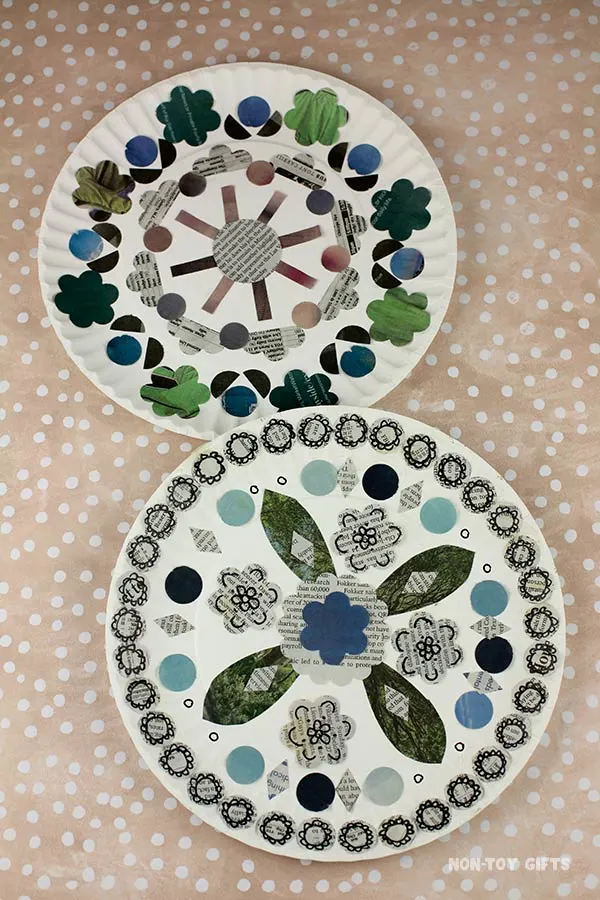 newspaper and paper plate mandala craft project for kids
