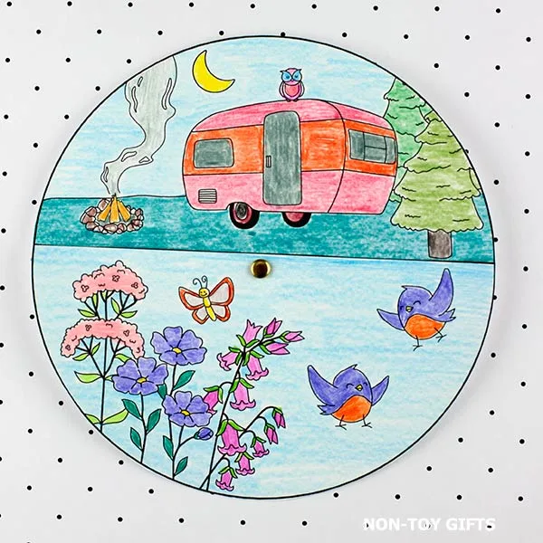 easy coloring camping spinner craft template for kids