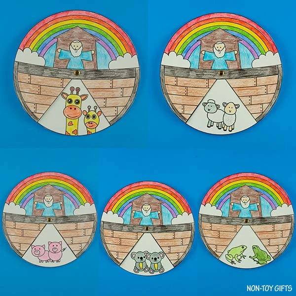 Noah's Ark Animals Spinner Craft Printable featuring 5 animals