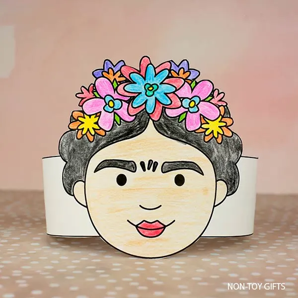 easy coloring Frida Kahlo paper hat craft for kids to make for Hispanic Heritage Month