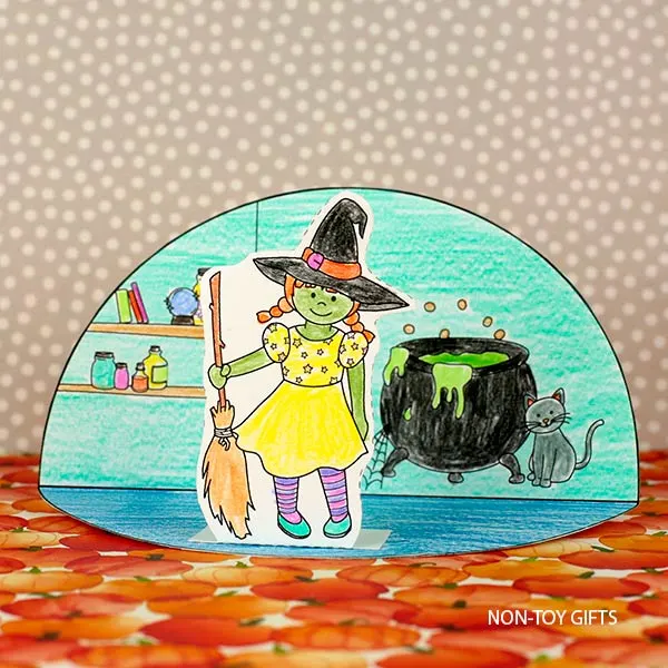 Easy Halloween coloring page craft: witch diorama craft