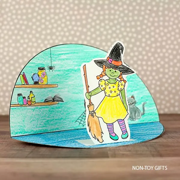 Witch diorama craft printable template for Halloween for preschoolers