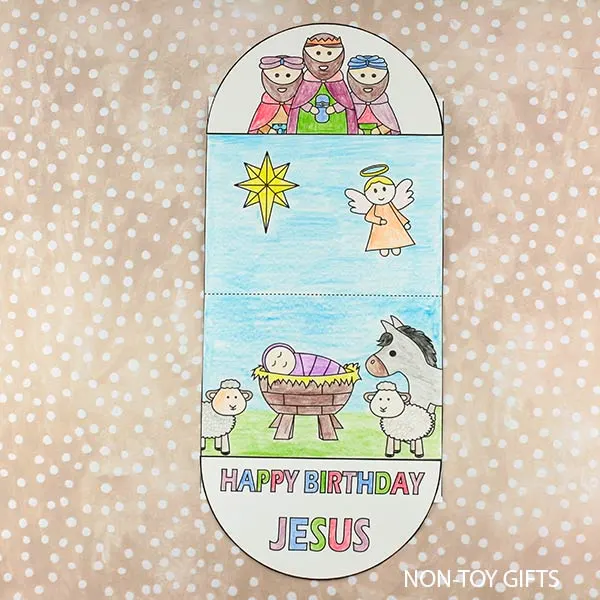 Nativity interactive craft featuring baby Jesus in the manger and surrounded by animals. happy birthday Jesus!