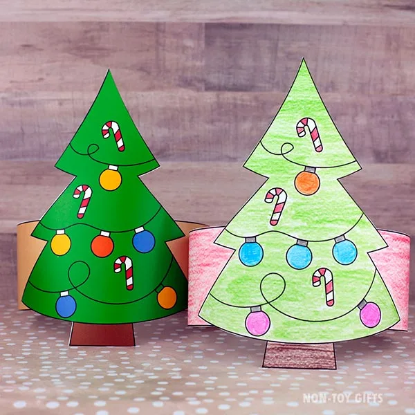 simple Christmas tree paper hat coloring craft for preschoolers and older kids