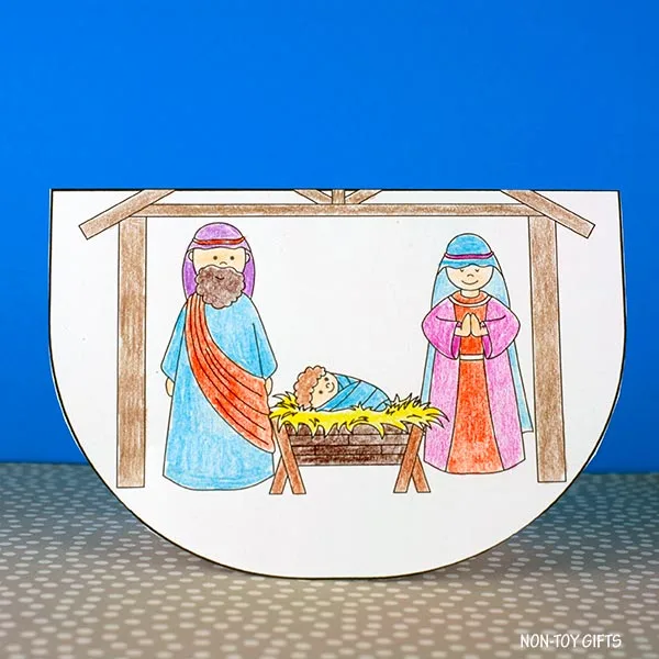 Christmas coloring pages for preschoolers turned into a Nativity scene rocking craft