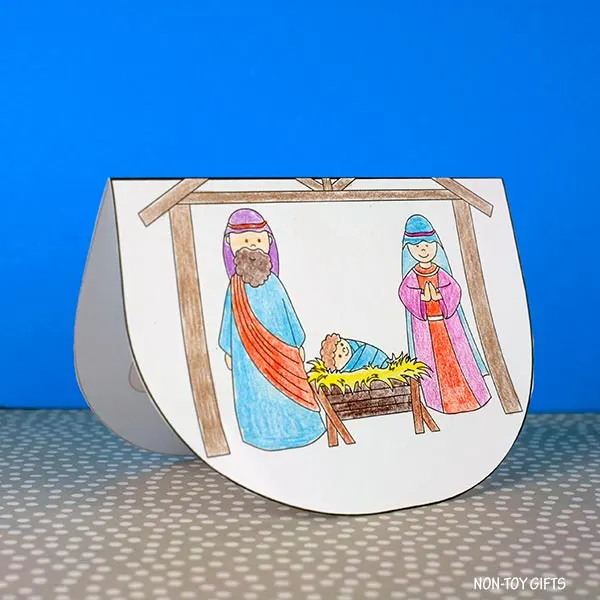 Nativity scene rocking craft printable template for Christmas Sunday School to retell the bible story of how Jesus was born