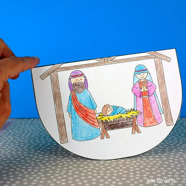 easy and interactive coloring Nativity scene rocking craft printable for kindergartners