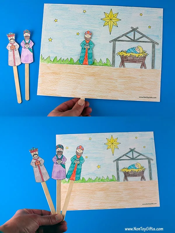 Easy wise men interactive craft printable template for kids to make and tell the nativity story about how baby Jesus was born.